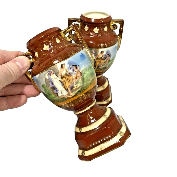 Vintage Ornate Petite Czechoslovakia Erphila Art Pottery Urns Shaped Vase PAIR - Picture 5 of 13